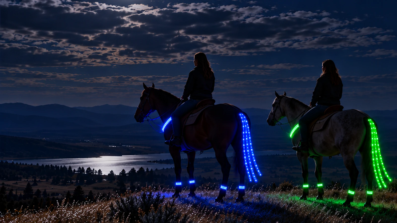 Two riders on a moonlit ridge, their horses lit in blue and green.