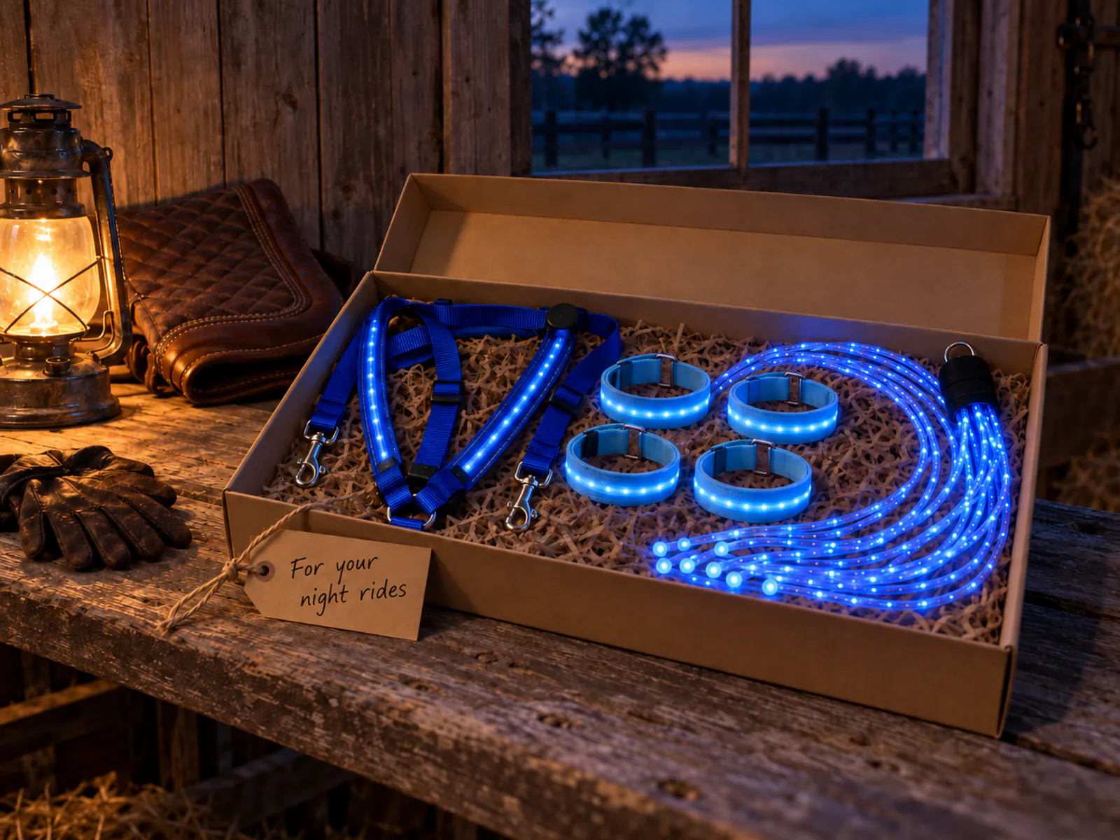 Open gift box holding the LED kit in blue, with a kraft tag that reads "For your night rides".